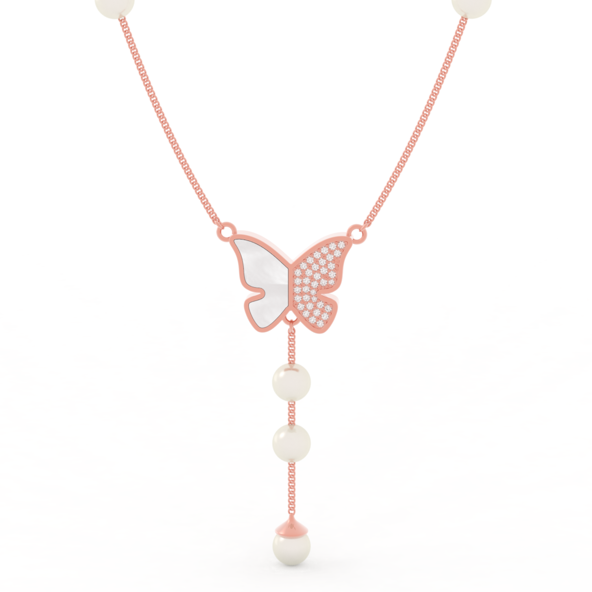 Adorable Butterfly Pearl Y Shape Necklace, Hallmarked 925 Sterling Silver